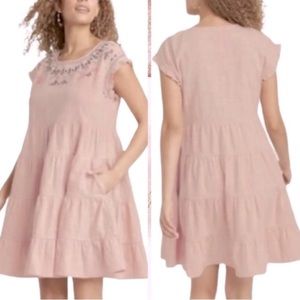 Knox Rose Pink Embroidered Tiered Baby Doll Dress With Pockets (size Medium)